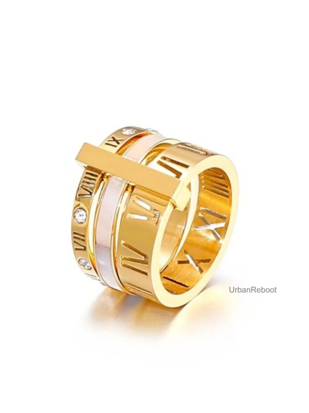 Stainless Steel CZ Spinner Stacking Ring Roman Numeral 3 in 1